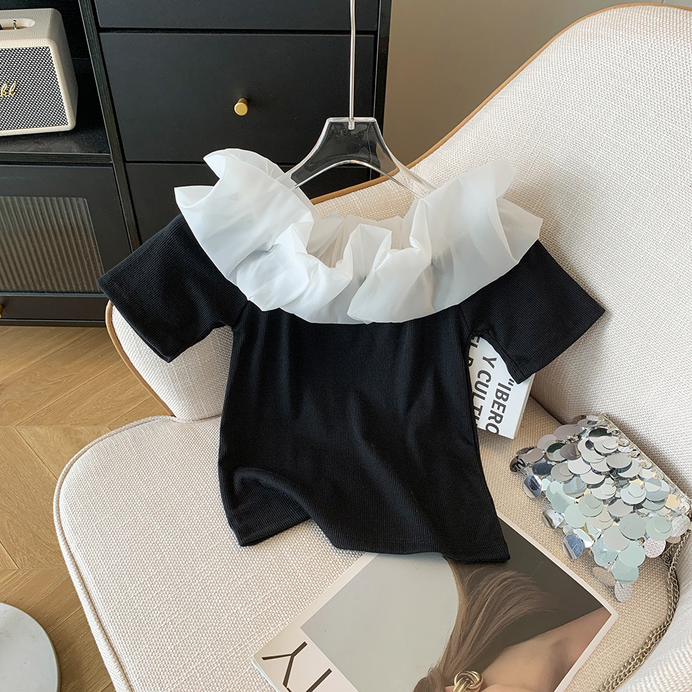 实拍 2025夏季新款纯欲一字肩网纱拼接针织衫撞色荷叶边短袖上衣T