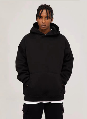 400g秋冬重磅毛圈纯色连帽卫衣男欧版2024宽松中长款落肩百搭上衣