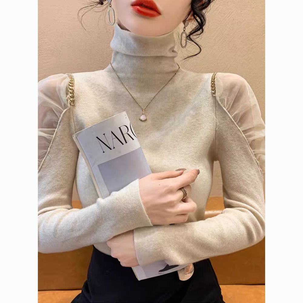 高领2025冬季毛衣新款网纱露肩修身内搭打底针织衫上衣女秋冬