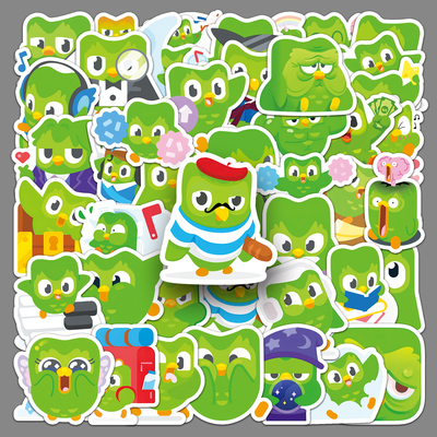 50张多邻国小猫头鹰贴纸可爱卡通图案装饰防水吉他笔记本电脑贴纸