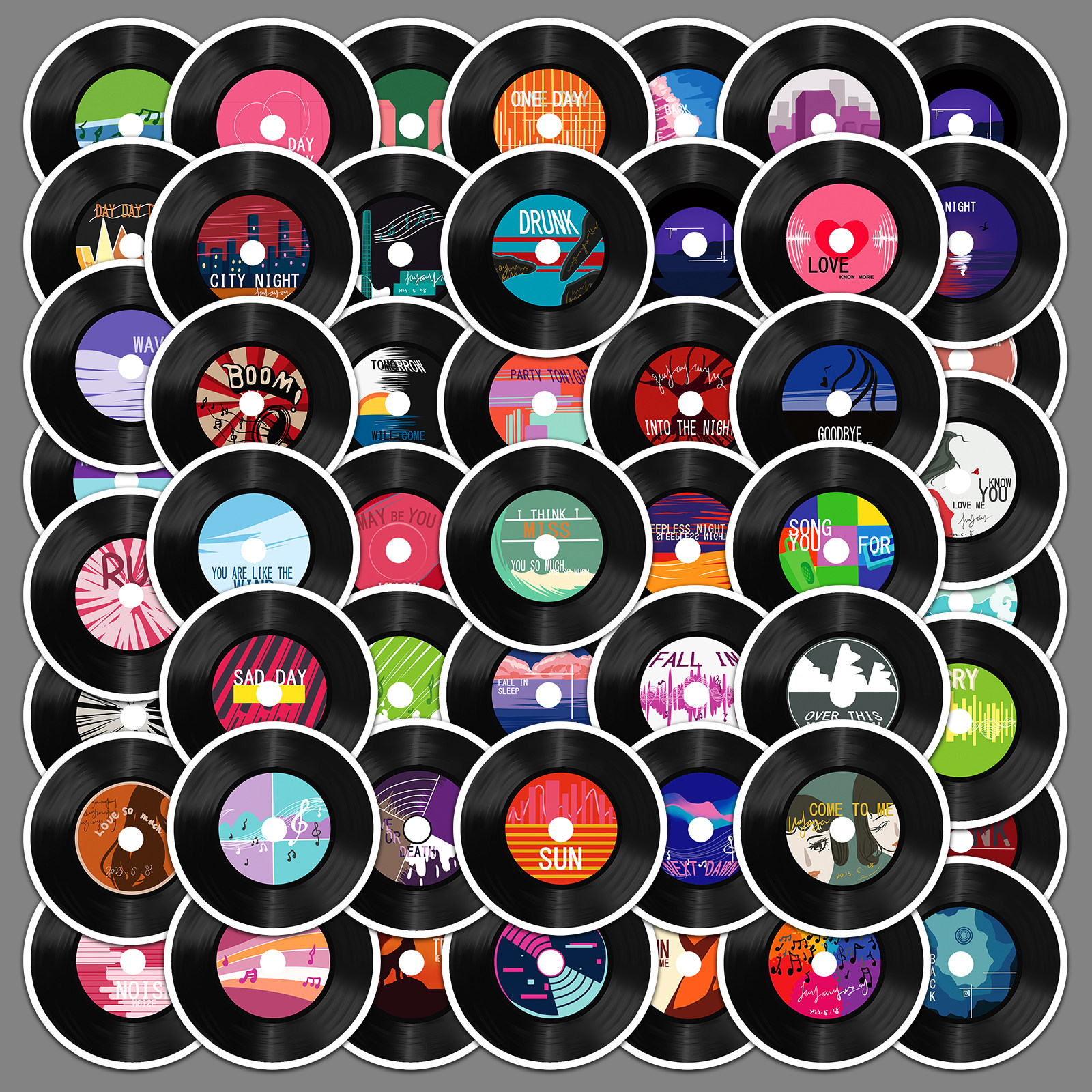 50张原创黑胶唱片卡通复古diy手账本贴纸笔记本手机咕卡素材装饰