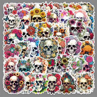 50张骷髅与花贴纸INS风恐怖万圣节彩绘旅行箱手机咕卡可滴胶贴纸