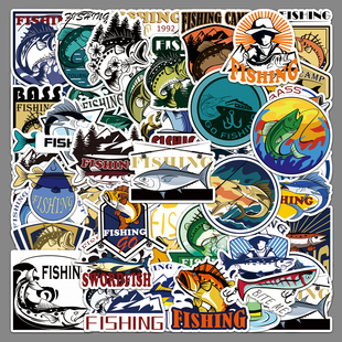 50张钓鱼贴纸工具钓鱼竿原创手绘Q版风景彩绘涂鸦汽车摩托车贴纸