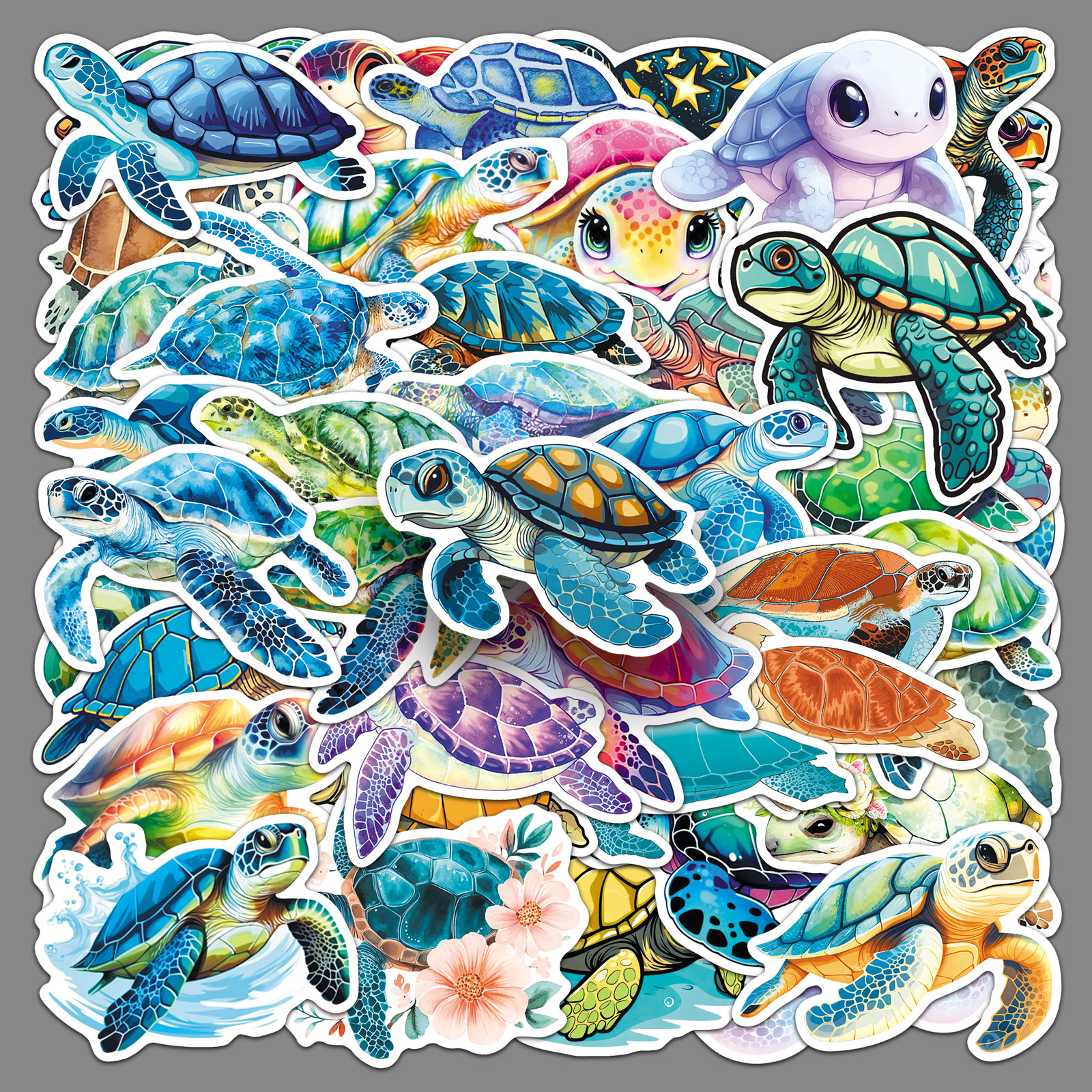 50张海龟海洋动物贴纸咕卡diy手帐素材防水装饰玻璃门窗水杯贴纸