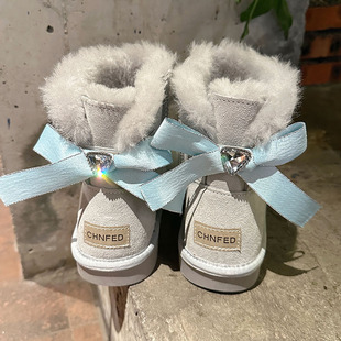 2025冬季 皮毛一体蝴蝶结短筒防滑水钻加厚保暖棉靴子 雪地靴女新款