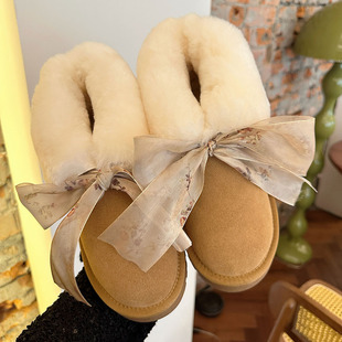 厚底雪地靴女皮毛一体冬季加绒2025新款短筒靴丝带翻毛防滑棉鞋