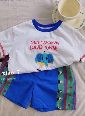 zz kids韩国可爱趣味图案小象T恤短袖上衣小狗短裤套装男童女童