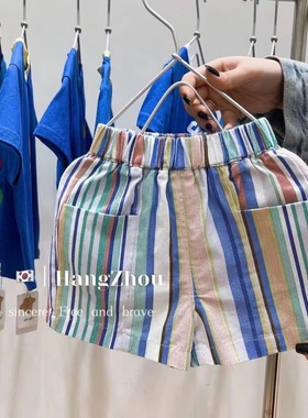 zz kids夏日新品韩国彩色蓝色条纹棉棉短裤休闲裤子下装男童女童