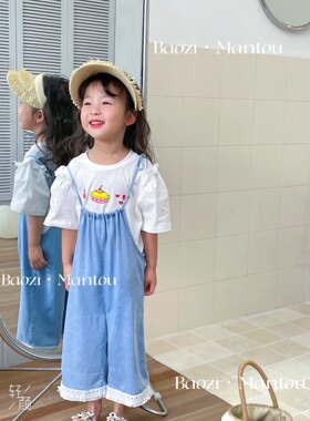 zz kids韩版超软超薄冰丝牛仔系带背带裤民族风毛须边长裤女童