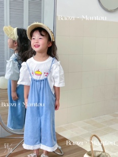 zz kids韩版超软超薄冰丝牛仔系带背带裤民族风毛须边长裤女童