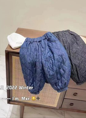 zz kids冬款高品质韩国双层绒菱格压线夹棉牛仔裤男童女童