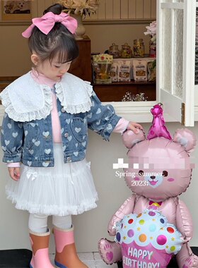 zz kids春夏新品韩国满印爱心刺绣大翻边娃娃领牛仔外套上衣女童