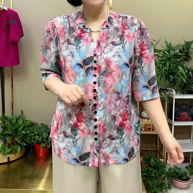 2026新款妈妈装花卉印花衬衫女中老年时尚洋气大码减龄薄款上衣