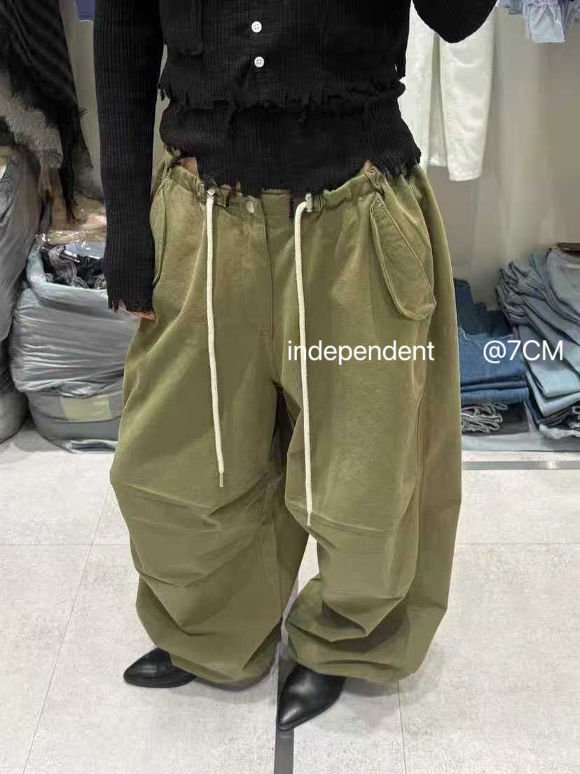 韩国货现货2026春季新款洋气松紧腰抽绳口袋工装裤休闲束脚卫裤女