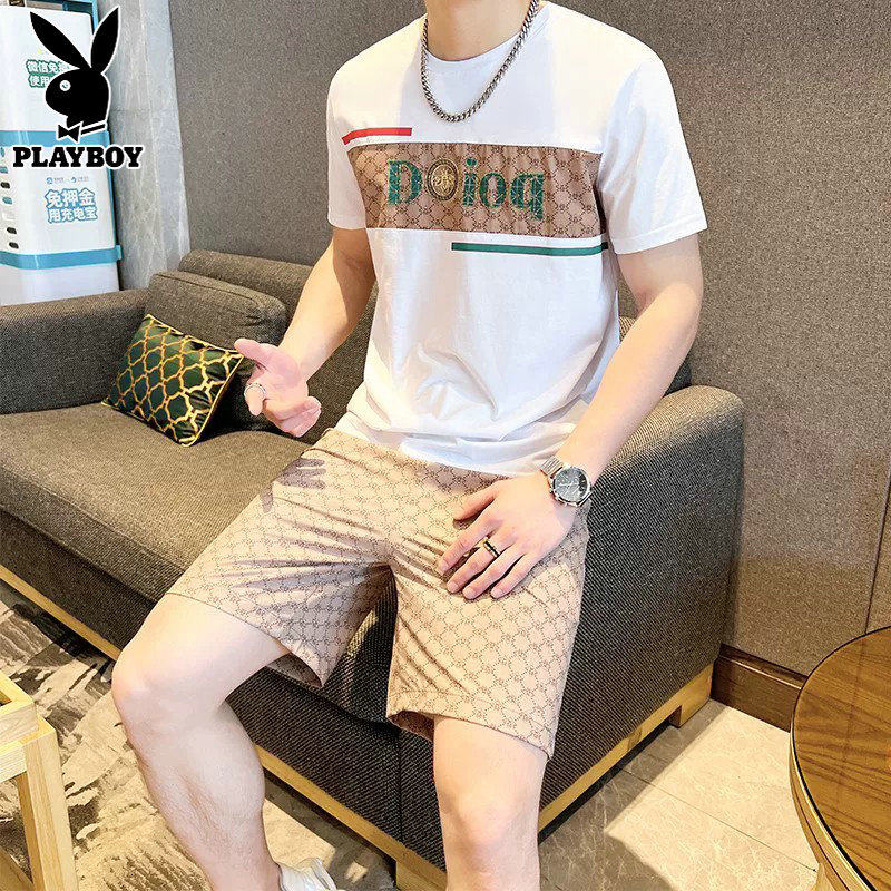 花花公子轻奢男装夏季休闲运动套装男2026新款帅气短袖短裤两件套