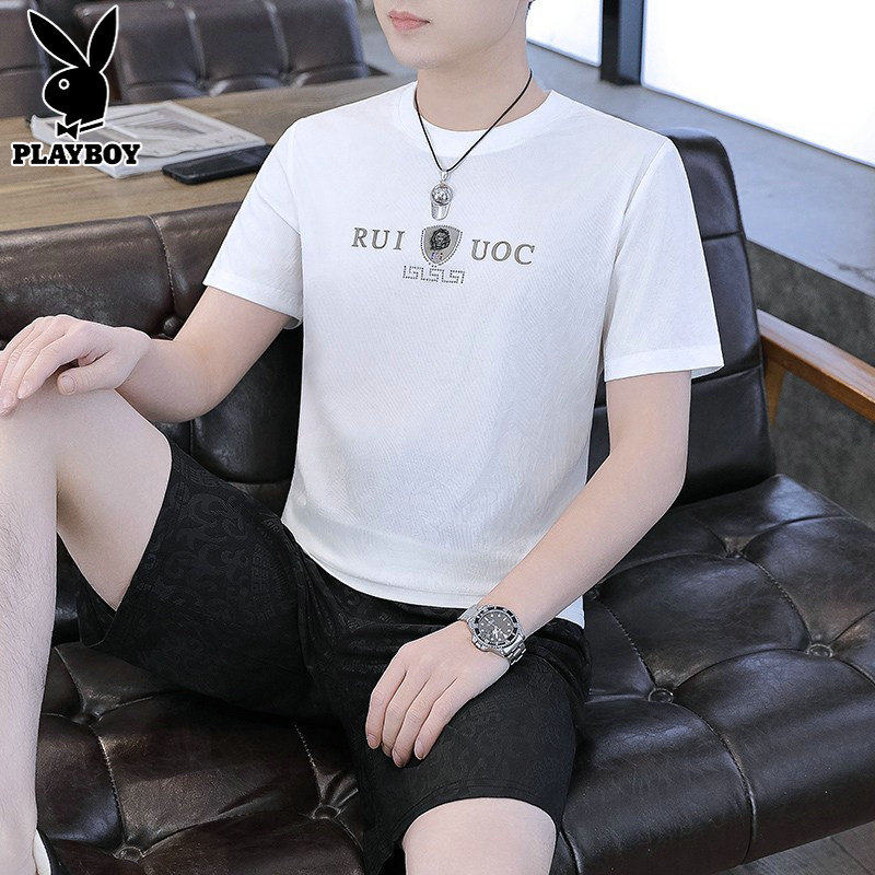 花花公子休闲套装男士2026新款夏季时尚冰丝透气短袖两件套五分裤