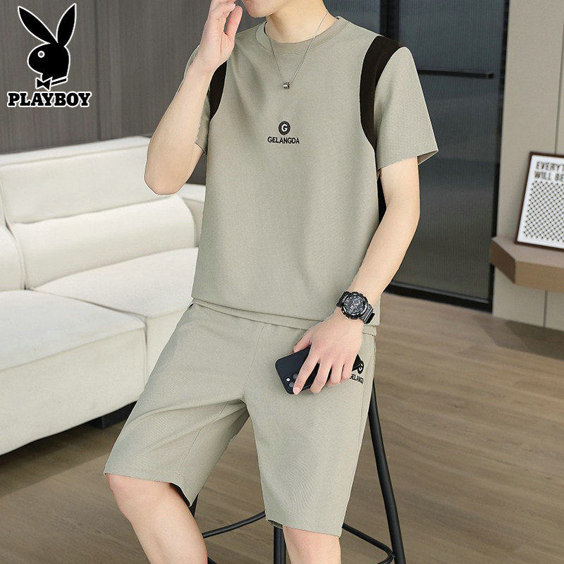 花花公子索罗娜短袖套装男士夏薄款休闲短裤潮流搭配帅气运动一套