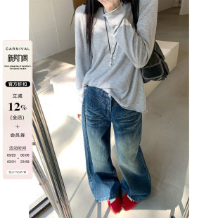 设计感遮胯宽松直筒水洗裤 大码 女胖mm春季 复古折痕牛仔裤 子 女装