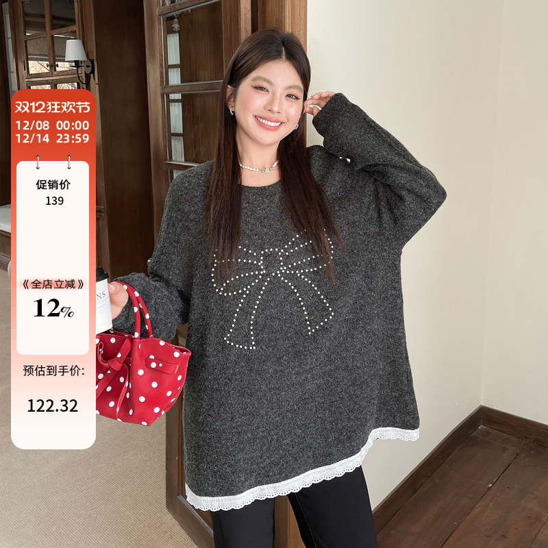 大码女装胖mm圆领蝴蝶结长袖上衣女设计感蕾丝拼接显瘦打底衫