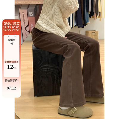 大码女装秋冬新款咖啡色加绒加厚牛仔裤微喇高腰遮肉显瘦喇叭裤