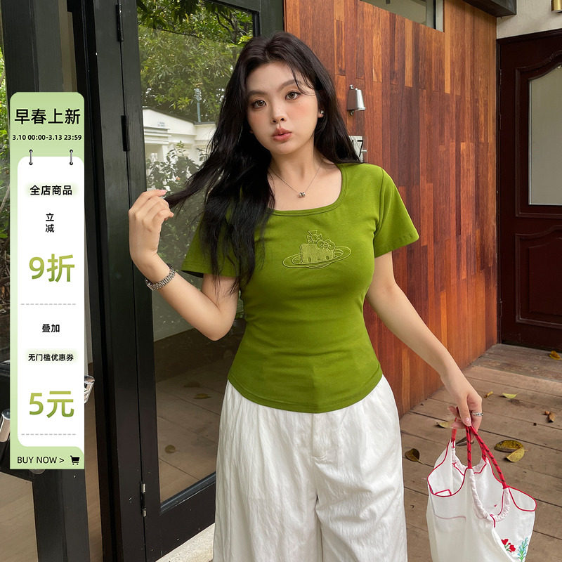 夏装女装2025新款韩系短袖显瘦正肩胖mm大码修身特别漂亮掐腰上衣