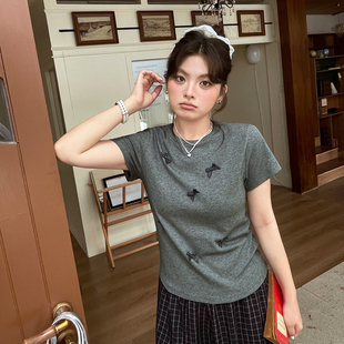 T恤 2025夏新款 甜美少女正肩大码 显瘦短袖 胖mm蝴蝶结拼接圆领修身
