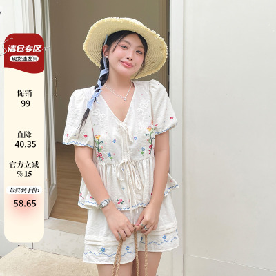 夏季穿搭独特刺绣绝美设计感上衣胖mm大码女装可盐可甜两件套装
