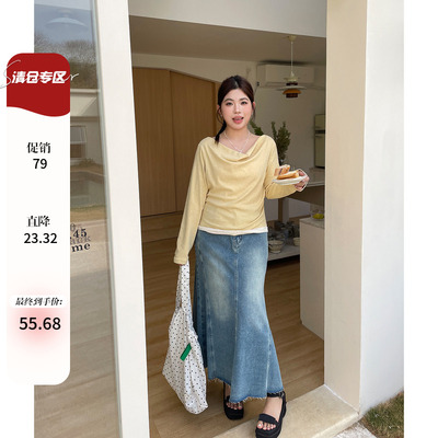 初春韩系穿搭一字肩上衣高级感胖mm大码女装甜美好看显瘦长袖t恤