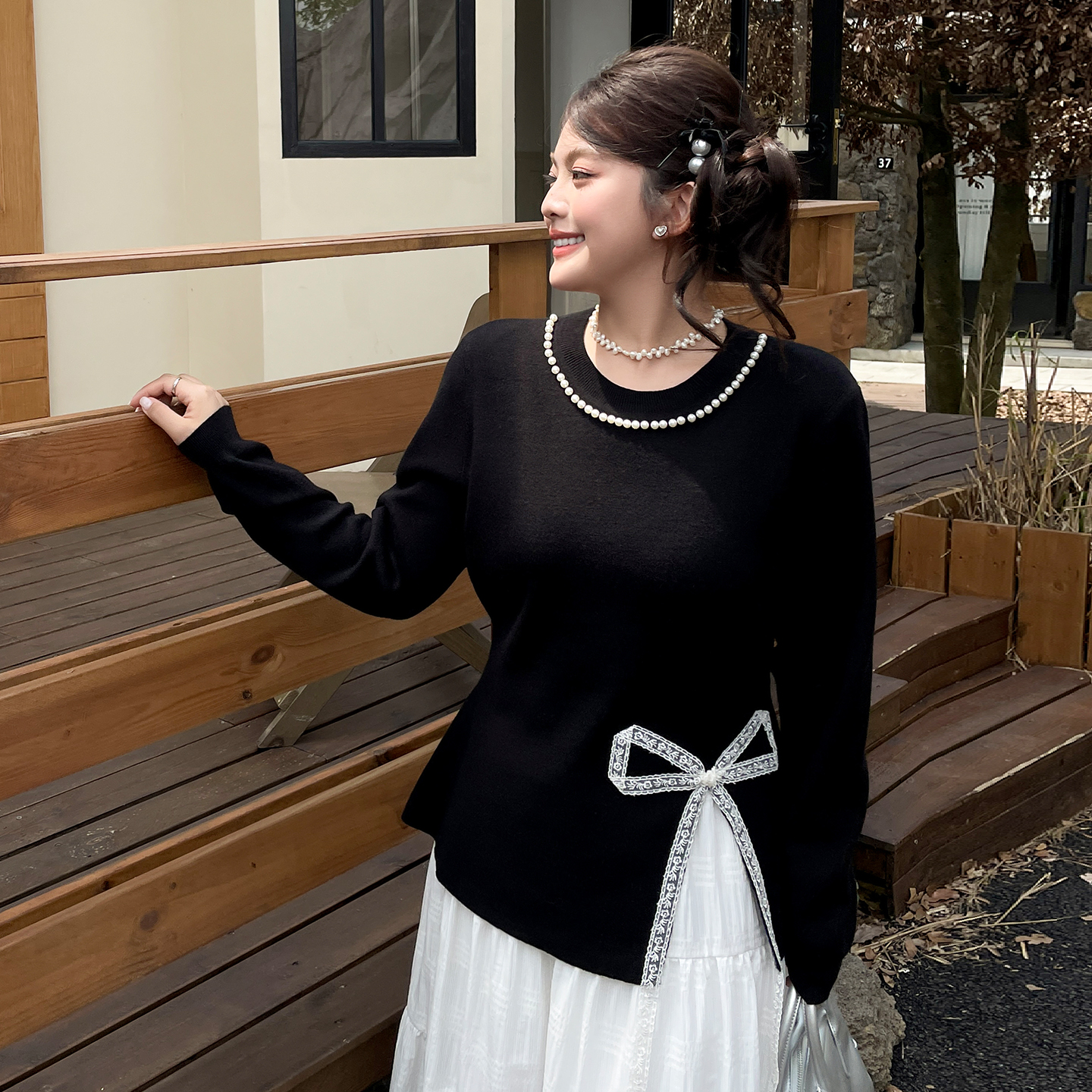 大码女装独特别致漂亮早秋开叉掐腰上衣胖mm显瘦蝴蝶结蕾丝针织衫