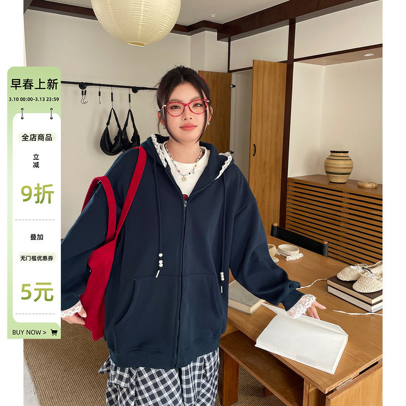 2026秋春季新款女装连帽卫衣韩系慵懒风大码胖mm时尚拼接蕾丝外套