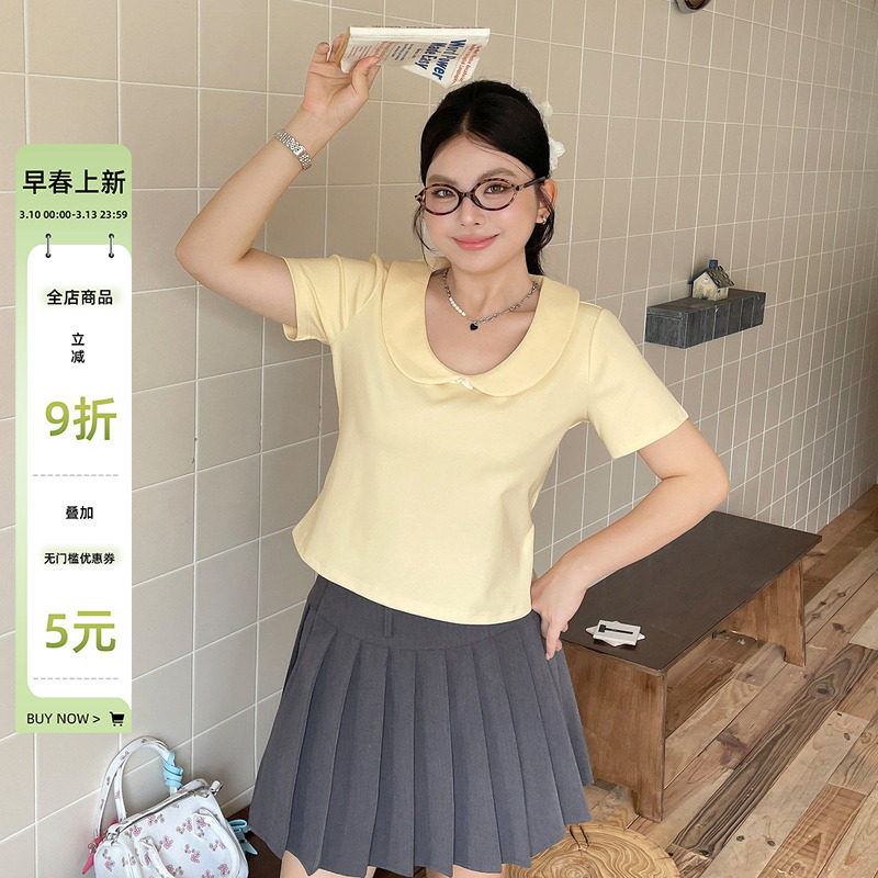 2025夏季穿搭大码胖mm正肩短袖女t恤韩系时尚独特设计感漂亮上衣