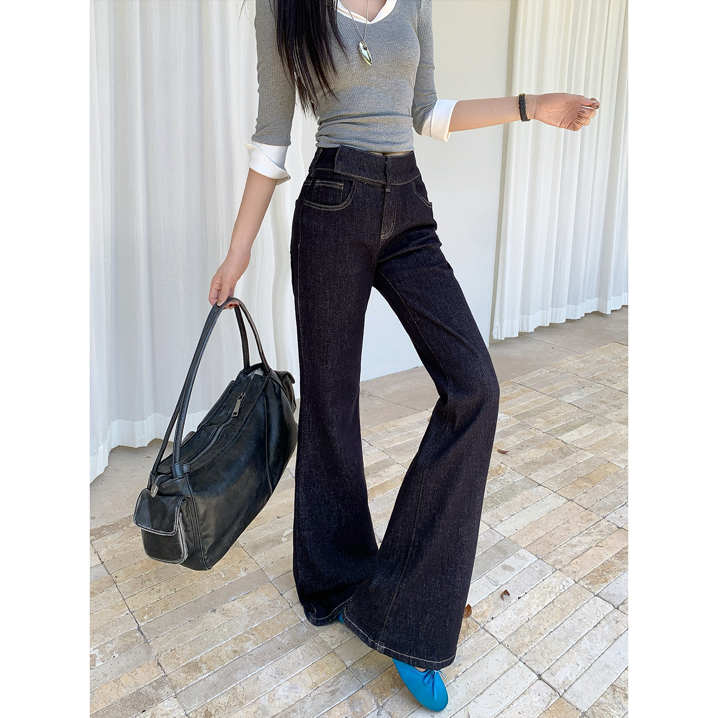 大码女装胖mm高腰显瘦弹力喇叭裤秋季新款超好看单宁微喇叭牛仔裤