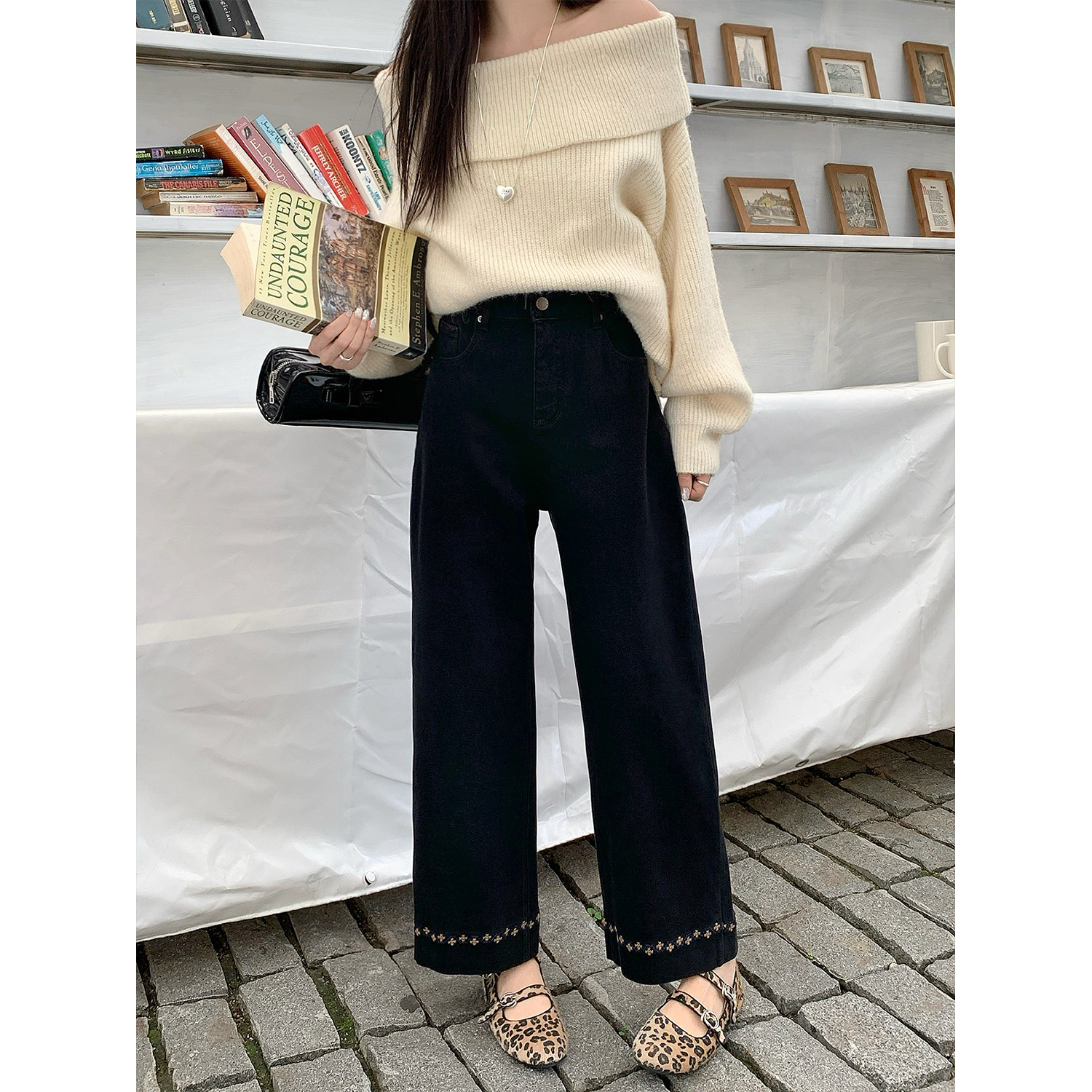 秋冬新款加绒设计感高腰牛仔裤女胖mm大码梨形身材宽松弹力铅笔裤