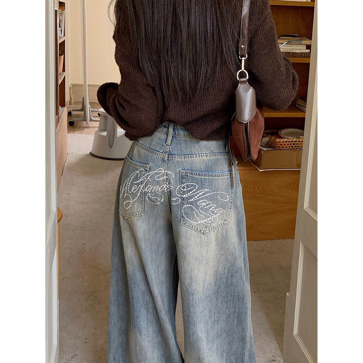 大码美式辣妹重工字母烫钻牛仔裤子女装复古设计感小众拖地阔腿裤
