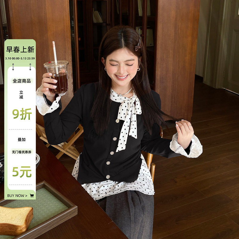 春季新款设计感小众长袖t恤女大码胖mm波点蝴蝶结假两件显瘦上衣