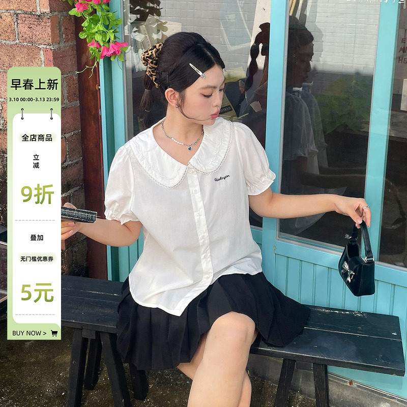 大码女装2025新款夏娃娃领衬衫胖mm泡泡袖正肩独特漂亮减龄款上衣