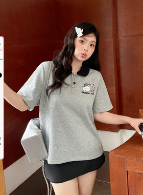 夏季短袖polo领设计感上衣大码女装胖mm正肩宽松显瘦独特漂亮t恤