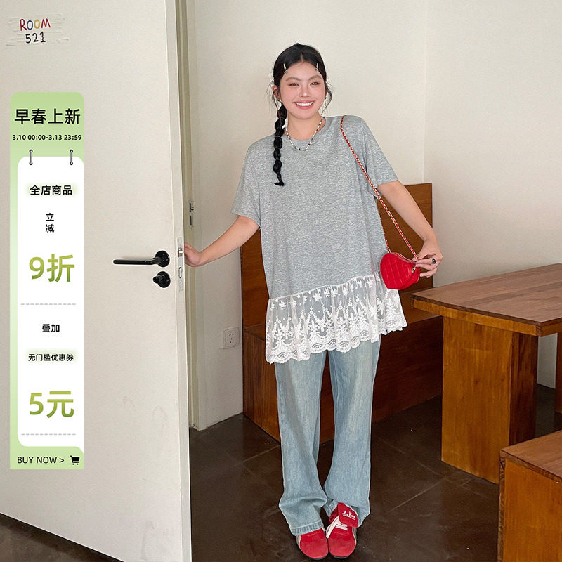 小草微胖定制夏日绝美短袖t恤胖mm大码女装独特别致拼接蕾丝上衣