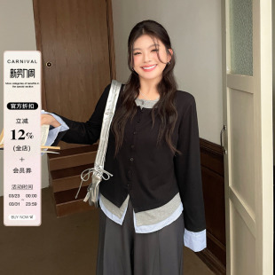 上衣胖mm正肩巨显瘦遮肚针织衫 2026春季 炸街独特漂亮长袖 新款 大码