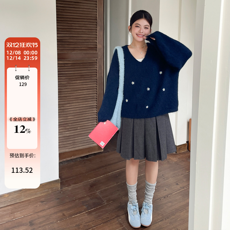 秋冬氛围感穿搭独特漂亮花朵刺绣毛衣大码女装胖mm韩系慵懒风上衣