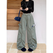 女早秋流行穿搭辣妹廓形宽松拖地牛仔裤 复古豹纹弯刀裤 子 美式 大码