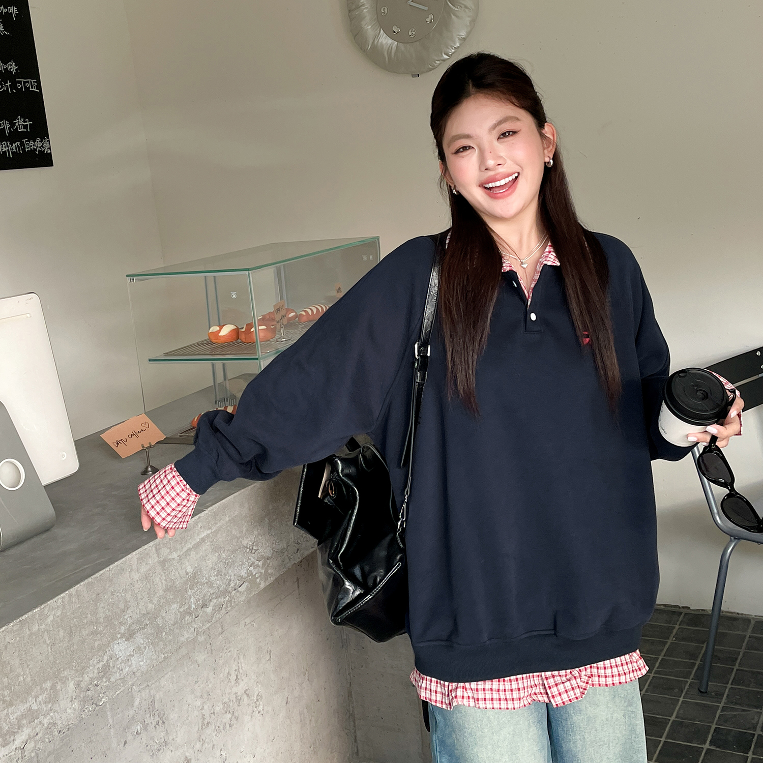 秋季女装2025新款巨好看设计感polo领上衣大码胖mm假两件格子卫衣