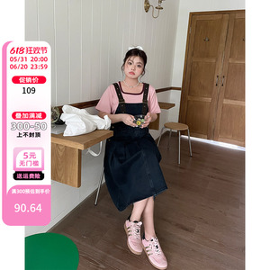 大码女装夏款梨形身材胖mm遮胯遮肚藏肉裙子减龄洋气牛仔背带裙
