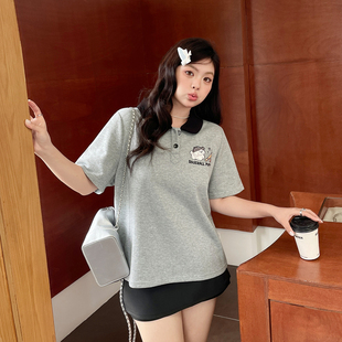 夏季 polo领设计感上衣大码 女装 胖mm正肩宽松显瘦独特漂亮t恤 短袖