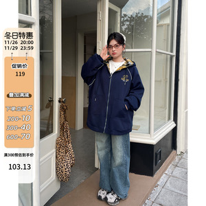 胖mm美式慵懒chic外套中长款大码女装秋冬款独特休闲连帽卫衣开衫