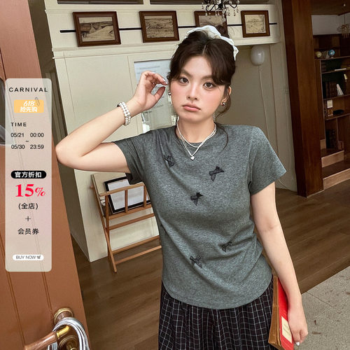 2026夏新款甜美少女正肩大码显瘦短袖胖mm蝴蝶结拼接圆领修身T恤