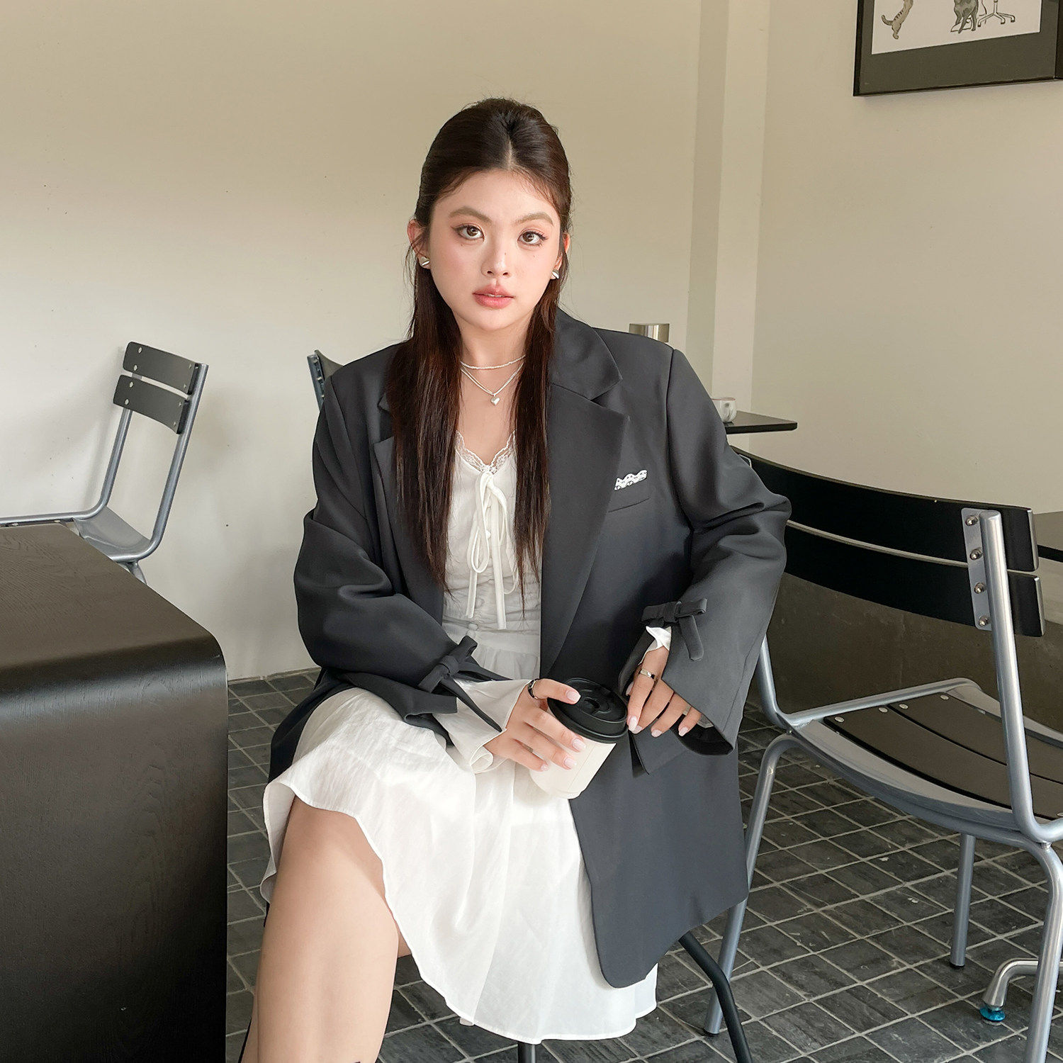 早春穿搭一整套时髦套装大码女装胖mm高级感西装外套连衣裙两件套