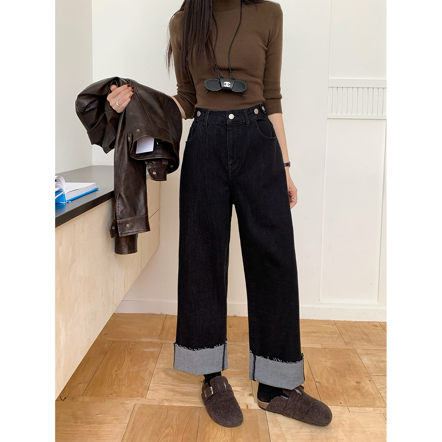 大码女装新款设计感卷边烟管牛仔裤秋冬加绒高腰遮肉显瘦九分裤子