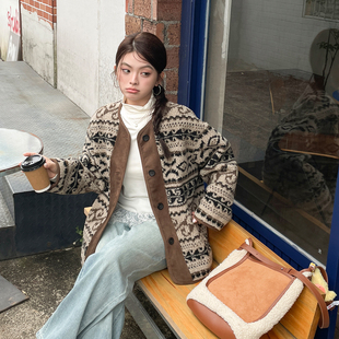 大码 厚羊羔毛外套女费尔岛复古上衣 胖mm韩系深冬chic独特漂亮冬装