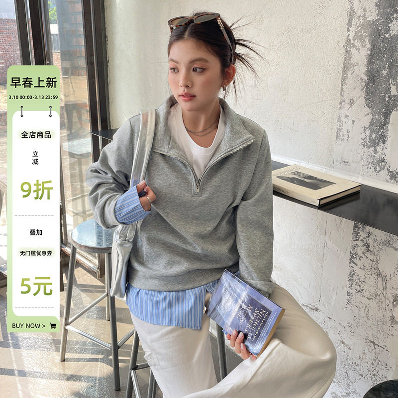 韩里韩气设计感假两件上衣特大码女装胖mm半拉链显瘦正肩洋气卫衣